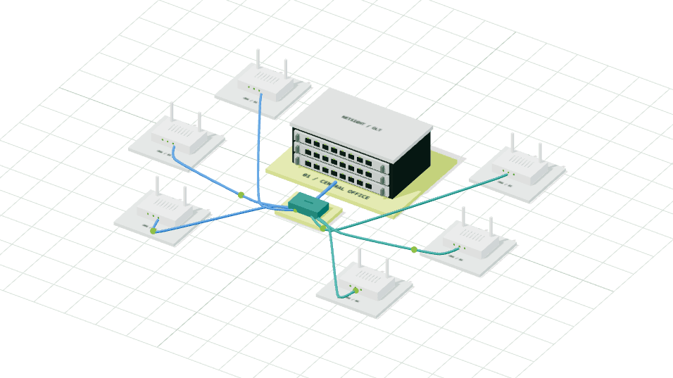 An optical line terminal connected through a fiber splitter to six subscriber ONUs